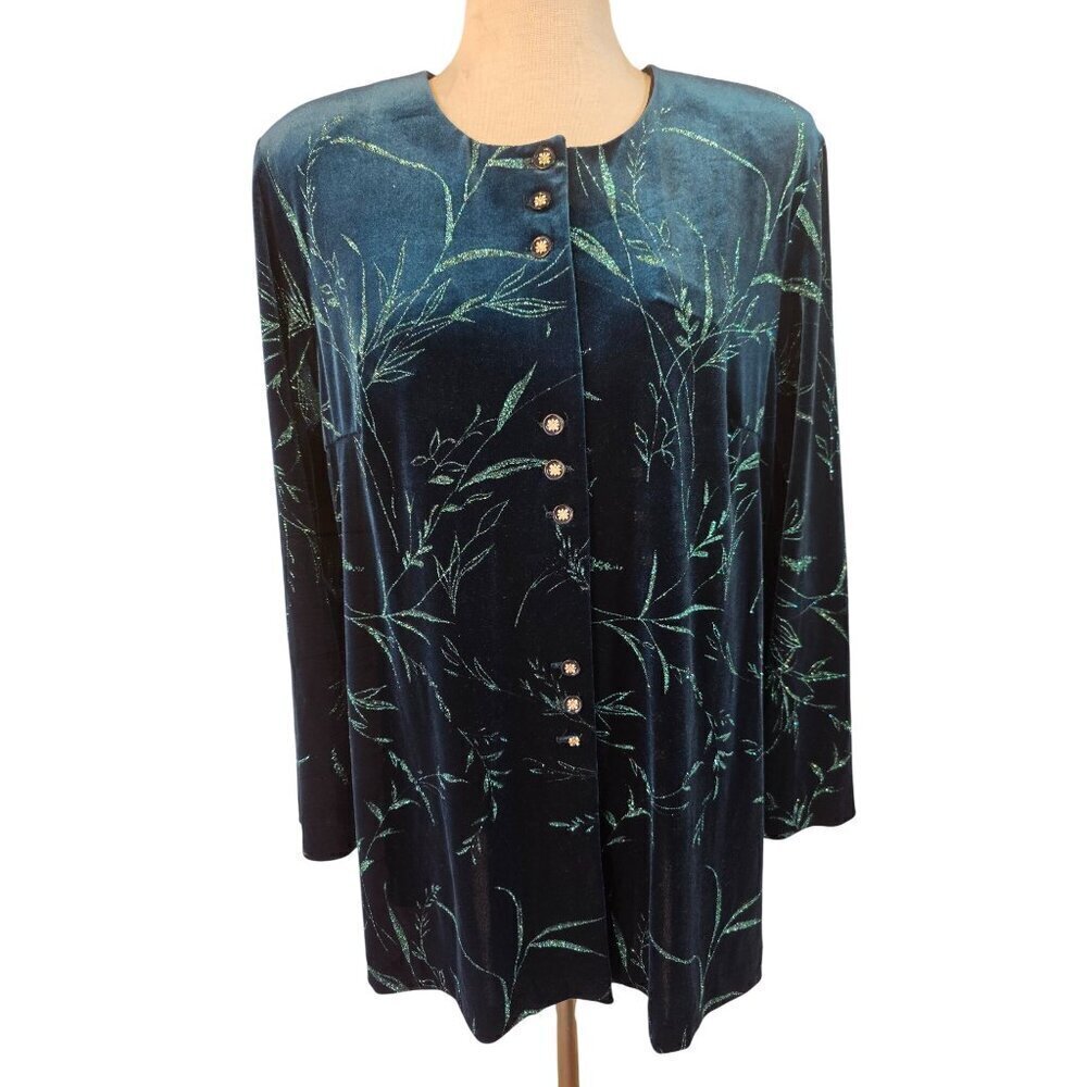 R&M Richards Y2K Velvet Jacket Size 16 Teal Glitter Glass Rhinestone Btn Close